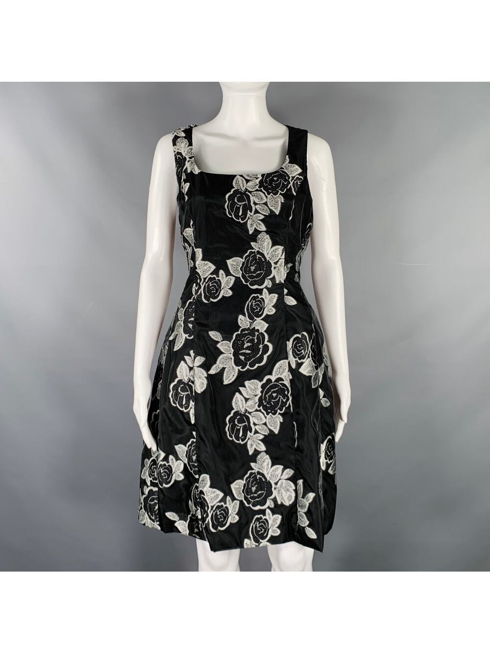 PRABAL GURUNG Size 10 Black Silver Polyester Floral A-Line Cocktail Dress - Picture 1 of 5